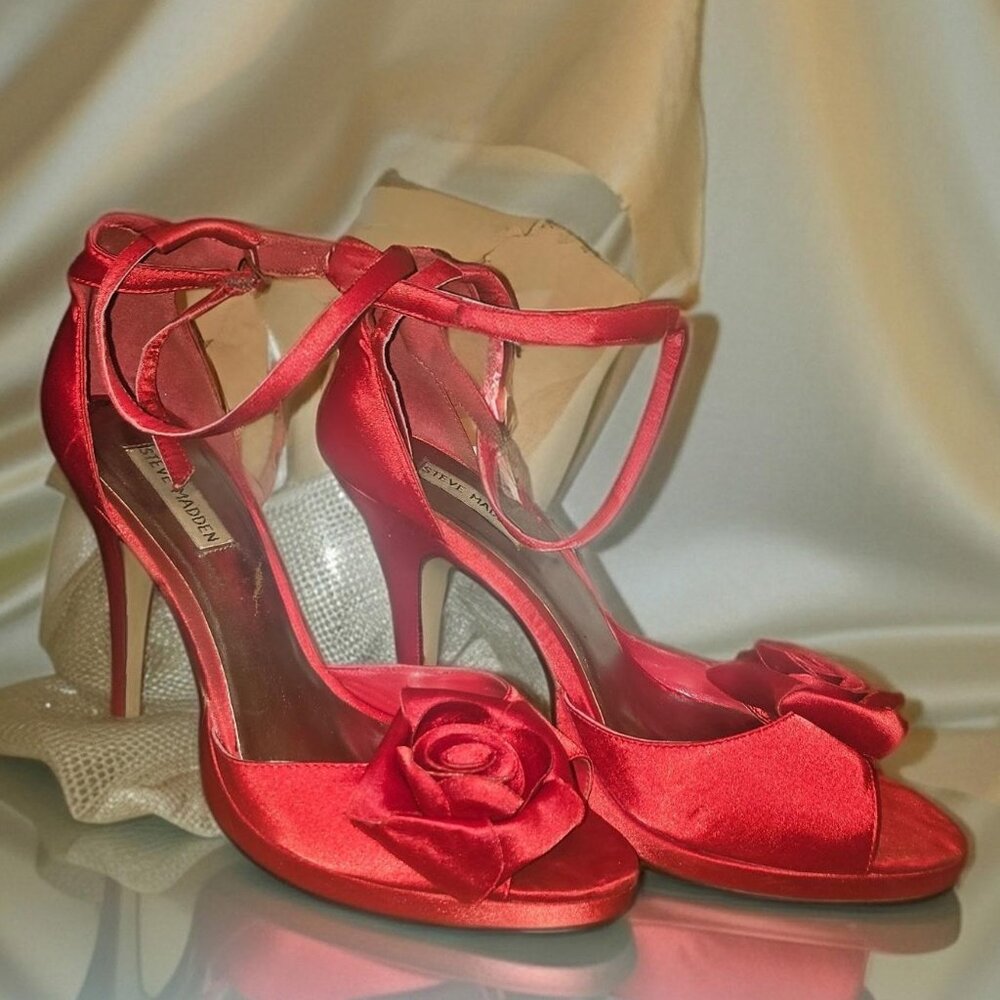 Steve Madden Red Satin Rose Ankle-Strap Heels